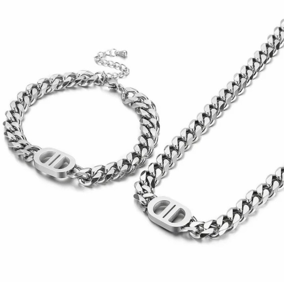 Anthropologie Other - Silver Cuban Link Chain Necklace and Bracelet Set – Chunky Unisex Jewelry
